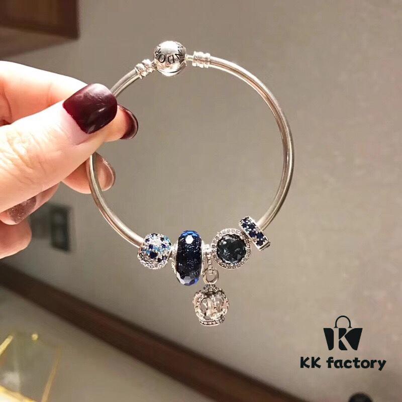 Pandora New Arrivals! Elegant Blue Hollow Crown Pendant with Shimmering Blue Enamel and Sparkling Cubic Zirconia, Paired with Original Bracelet