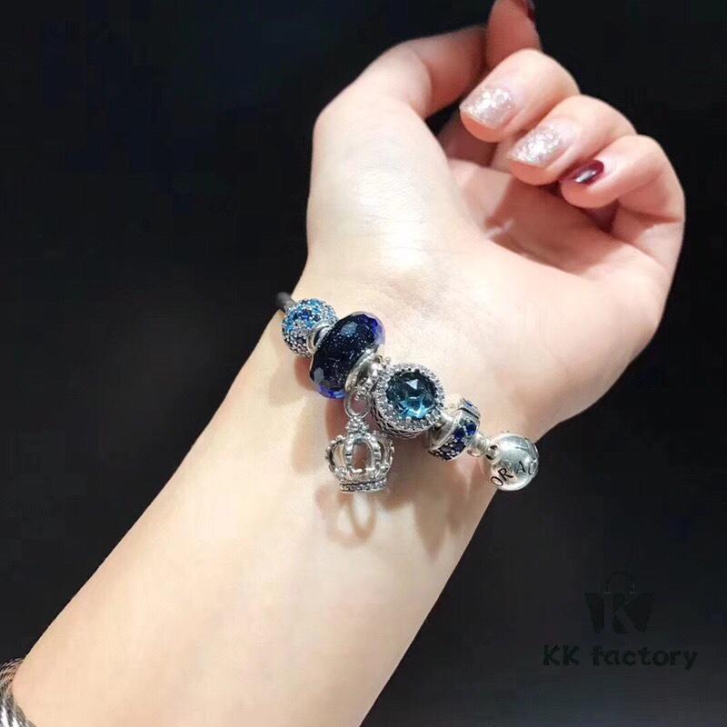 Pandora New Arrivals! Elegant Blue Hollow Crown Pendant with Shimmering Blue Enamel and Sparkling Cubic Zirconia, Paired with Original Bracelet