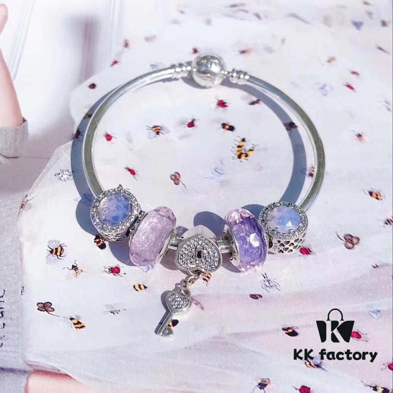 Pandora Pandora Silver Wire Pink Purple Heart Key New Arrival! Highest Quality on Market, Compatible with Official Store Cleaning! Made with Authentic Materials for Perfect One-to-One Replication!