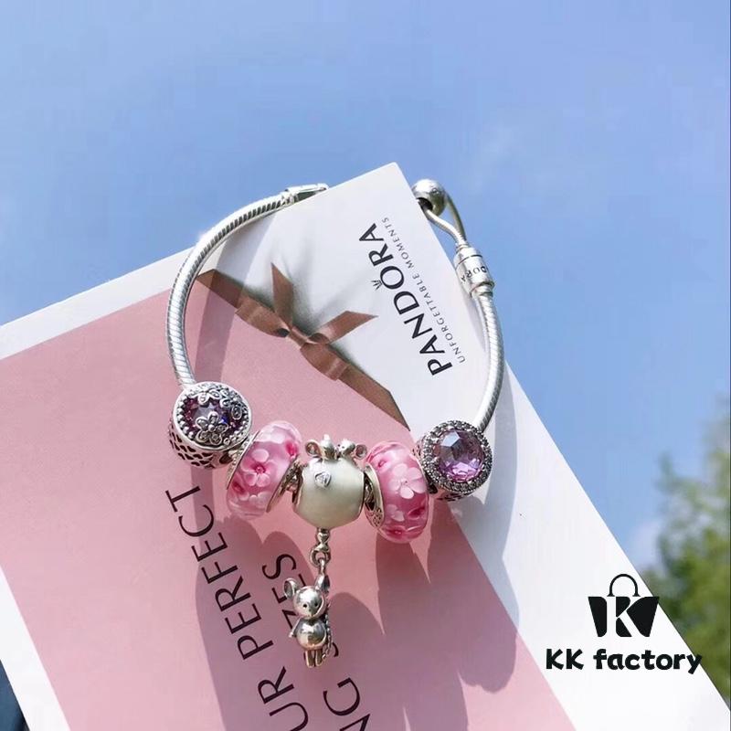 Pandora Peach Blossom Confession Balloon New Arrival! Pink Peach Blossom Glass Beads, Sparkling Cat's Eye Beads, Cherry Blossom and Daisy Design with Mickey Mouse Confession Balloon Pendant, S925 Silver Jewelry Set