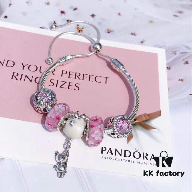 Pandora Peach Blossom Confession Balloon New Arrival! Pink Peach Blossom Glass Beads, Sparkling Cat's Eye Beads, Cherry Blossom and Daisy Design with Mickey Mouse Confession Balloon Pendant, S925 Silver Jewelry Set
