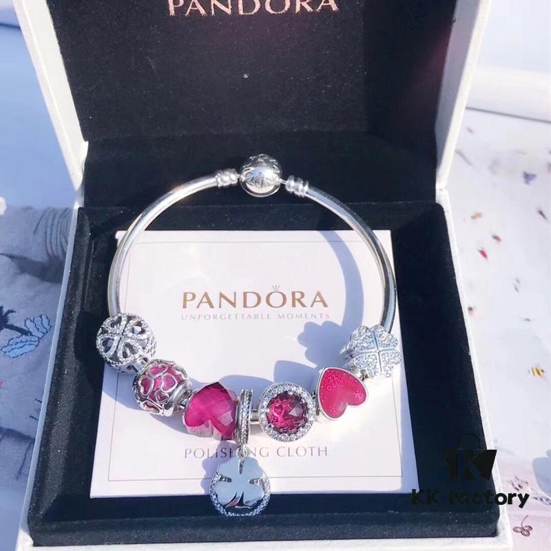 Pandora Enamel Clover Passionate Rose Red New Arrival! High-Quality Replica with Original Materials, Full Diamond-Paved Hollow Clover Pendant with Rose Red Heart Faceted Glass and Sparkling Cat's Eye, Double-Layer Clover Charm with S925 Silver and Authentic Packaging