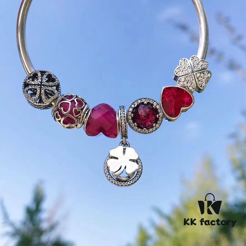 Pandora Enamel Clover Passionate Rose Red New Arrival! High-Quality Replica with Original Materials, Full Diamond-Paved Hollow Clover Pendant with Rose Red Heart Faceted Glass and Sparkling Cat's Eye, Double-Layer Clover Charm with S925 Silver and Authentic Packaging