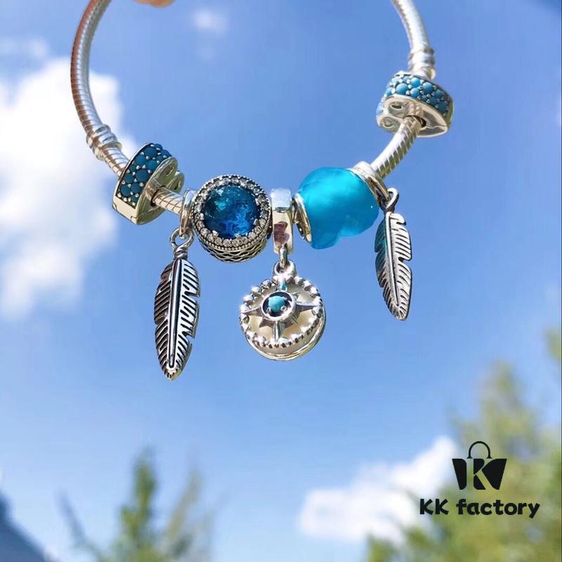 Pandora Ocean Blue Northern Star New Arrival! Marine Blue Glass, Sparkling Cat Eye Stone, Feather Wing Pendant, Fully Diamond-Encrusted Blue Heart Spacer, Paired with the Guardian Northern Star Charm – A Lifetime of Devotion Just for You