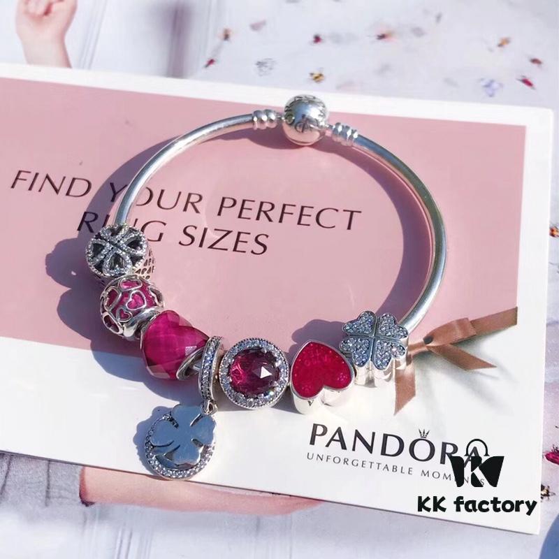 Pandora Enamel Clover Passionate Rose Red New Arrival! High-Quality Replica with Original Materials, Full Diamond-Paved Hollow Clover Pendant with Rose Red Heart Faceted Glass and Sparkling Cat's Eye, Double-Layer Clover Charm with S925 Silver and Authentic Packaging