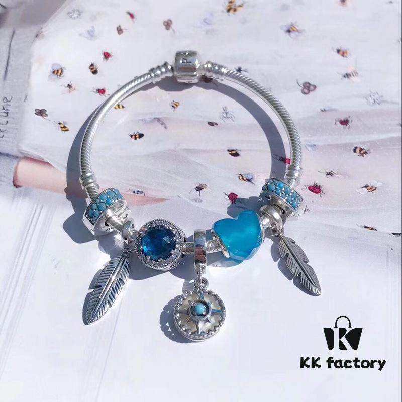 Pandora Ocean Blue Northern Star New Arrival! Marine Blue Glass, Sparkling Cat Eye Stone, Feather Wing Pendant, Fully Diamond-Encrusted Blue Heart Spacer, Paired with the Guardian Northern Star Charm – A Lifetime of Devotion Just for You
