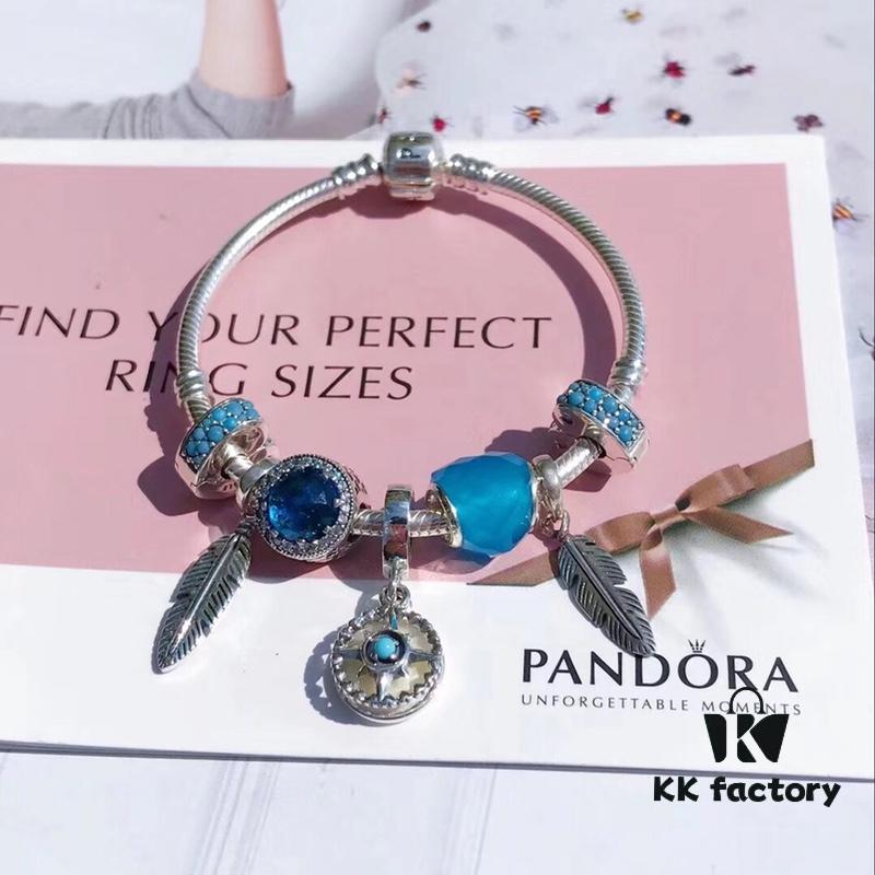 Pandora Ocean Blue Northern Star New Arrival! Marine Blue Glass, Sparkling Cat Eye Stone, Feather Wing Pendant, Fully Diamond-Encrusted Blue Heart Spacer, Paired with the Guardian Northern Star Charm – A Lifetime of Devotion Just for You