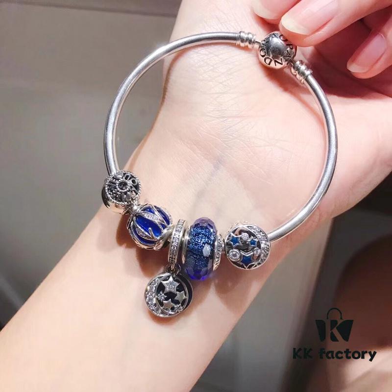 Pandora Pandora Blue Star and Moon New Arrival! Highest Quality on Market, Supports Counter Cleaning! Made with Counter Materials, Perfect 1:1 Craftsmanship! Thai Imported Original Silver Wire with Blue Glass, Hollow Star and Moon Bead, I Love You Round Bead, Blue Luster Bead, Deep Star and Moon Pendant. S925 Silver with Official Packaging!