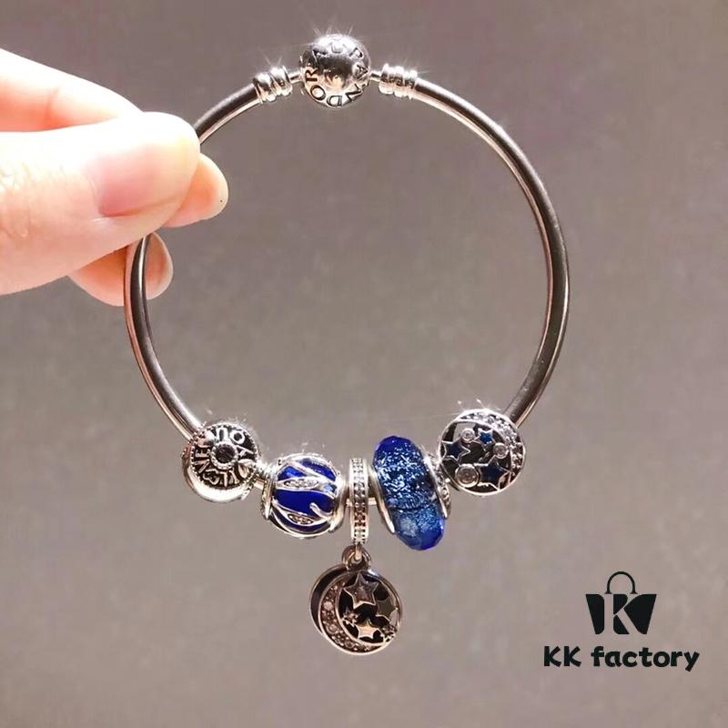 Pandora Pandora Blue Star and Moon New Arrival! Highest Quality on Market, Supports Counter Cleaning! Made with Counter Materials, Perfect 1:1 Craftsmanship! Thai Imported Original Silver Wire with Blue Glass, Hollow Star and Moon Bead, I Love You Round Bead, Blue Luster Bead, Deep Star and Moon Pendant. S925 Silver with Official Packaging!