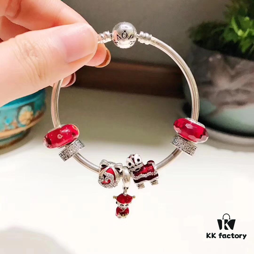 Pandora New Year Red Collection! Faceted Red Glass with White Sparkling Clasp, Cute Little Lion and 14K Gold Plated Fortune God Pendant in Mixed Materials, S925 Silver Custom Crafted to Match Boutique Quality