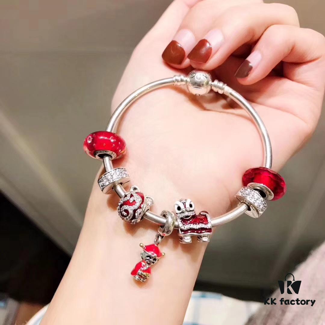 Pandora New Year Red Collection! Faceted Red Glass with White Sparkling Clasp, Cute Little Lion and 14K Gold Plated Fortune God Pendant in Mixed Materials, S925 Silver Custom Crafted to Match Boutique Quality