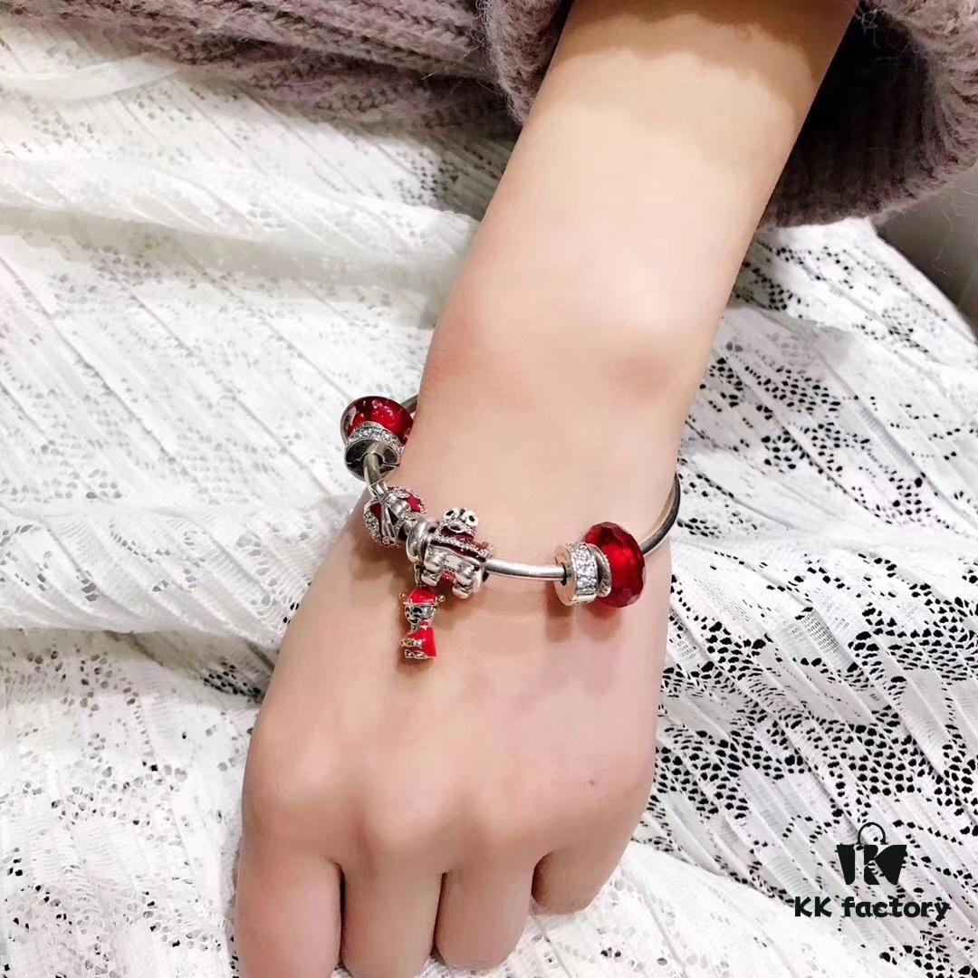 Pandora New Year Red Collection! Faceted Red Glass with White Sparkling Clasp, Cute Little Lion and 14K Gold Plated Fortune God Pendant in Mixed Materials, S925 Silver Custom Crafted to Match Boutique Quality