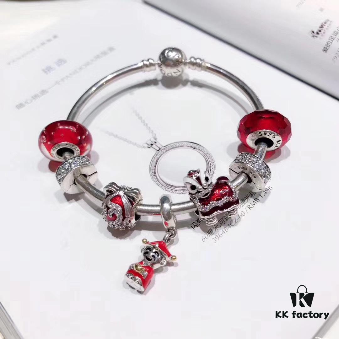 Pandora New Year Red Collection! Faceted Red Glass with White Sparkling Clasp, Cute Little Lion and 14K Gold Plated Fortune God Pendant in Mixed Materials, S925 Silver Custom Crafted to Match Boutique Quality