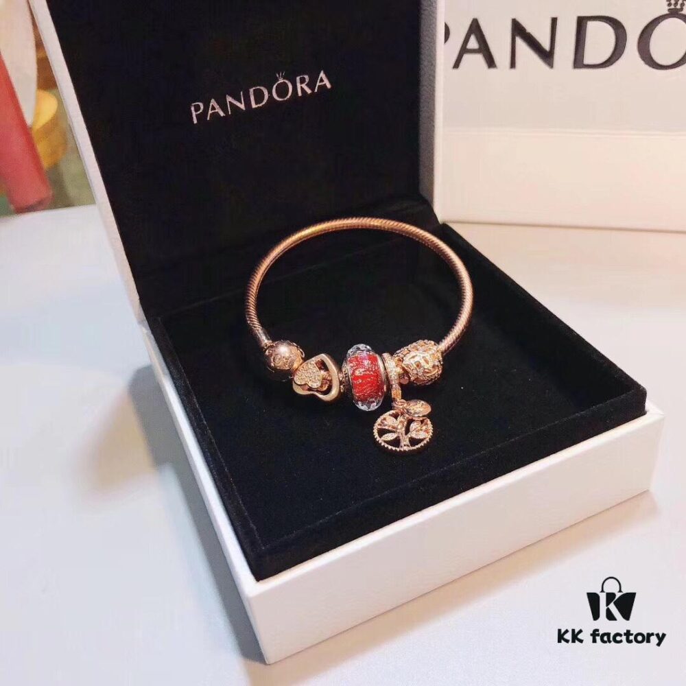 Pandora Thailand Imported Genuine Red Rose Olive Tree Pendant - ZP Material, Gold-Plated Murano Glass with Hollow Heart Design