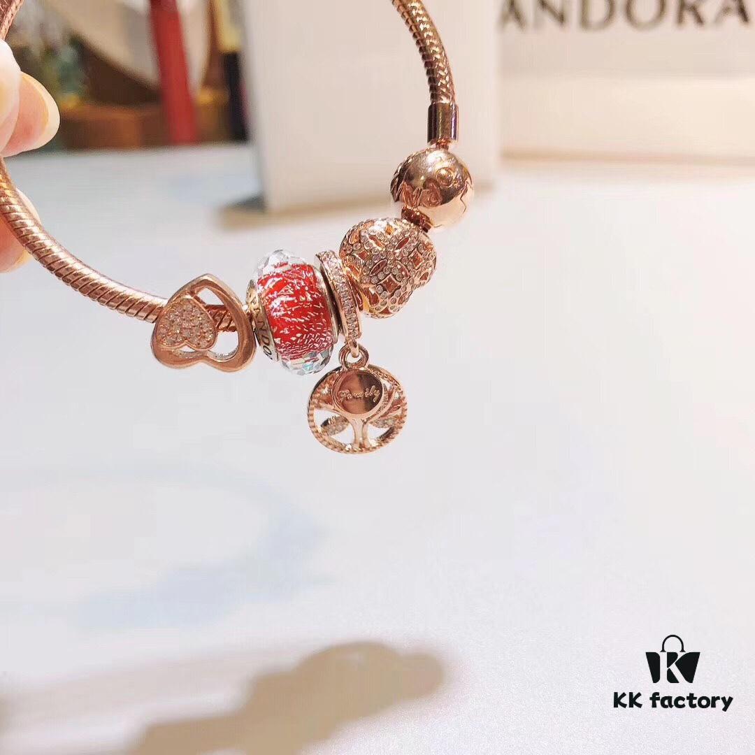 Pandora Thailand Imported Genuine Red Rose Olive Tree Pendant - ZP Material, Gold-Plated Murano Glass with Hollow Heart Design