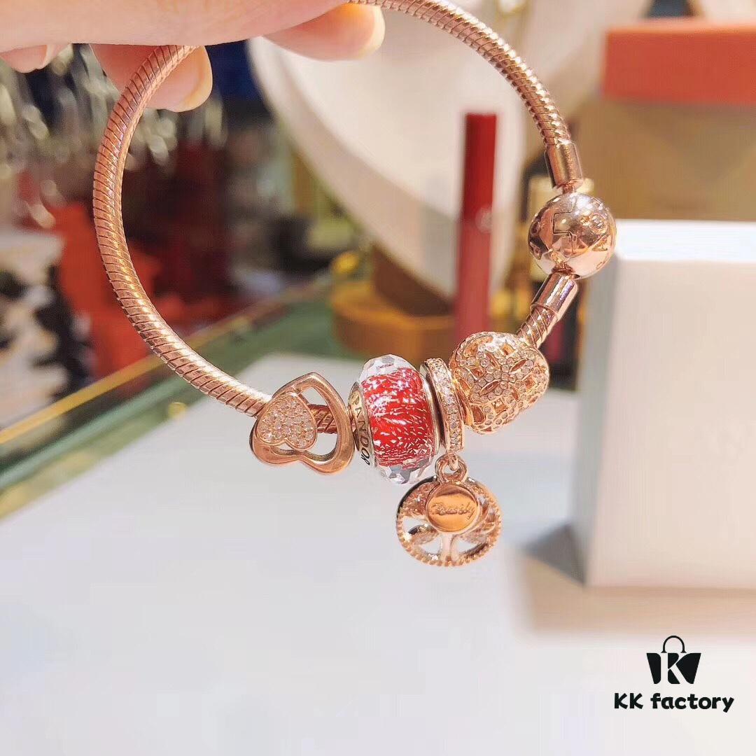 Pandora Thailand Imported Genuine Red Rose Olive Tree Pendant - ZP Material, Gold-Plated Murano Glass with Hollow Heart Design