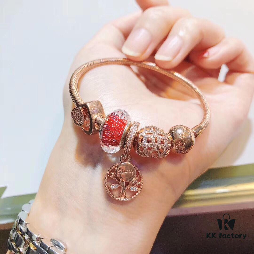 Pandora Thailand Imported Genuine Red Rose Olive Tree Pendant - ZP Material, Gold-Plated Murano Glass with Hollow Heart Design