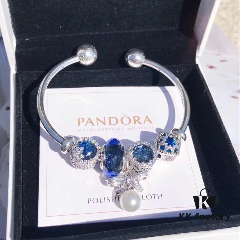 Pandora Blue Pearl Bow Knot Bracelet - New Arrival with Sparkling Blue Faceted Glass and Black Opal Cat's Eye
