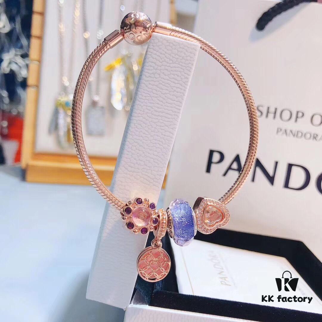 Pandora Silver Purple Rose Love Totem New Arrival! ZP-Certified, Thai-Imported Faceted Glass with Rose Medal, Cat's Eye Heart Pendant on S925 Snake Chain