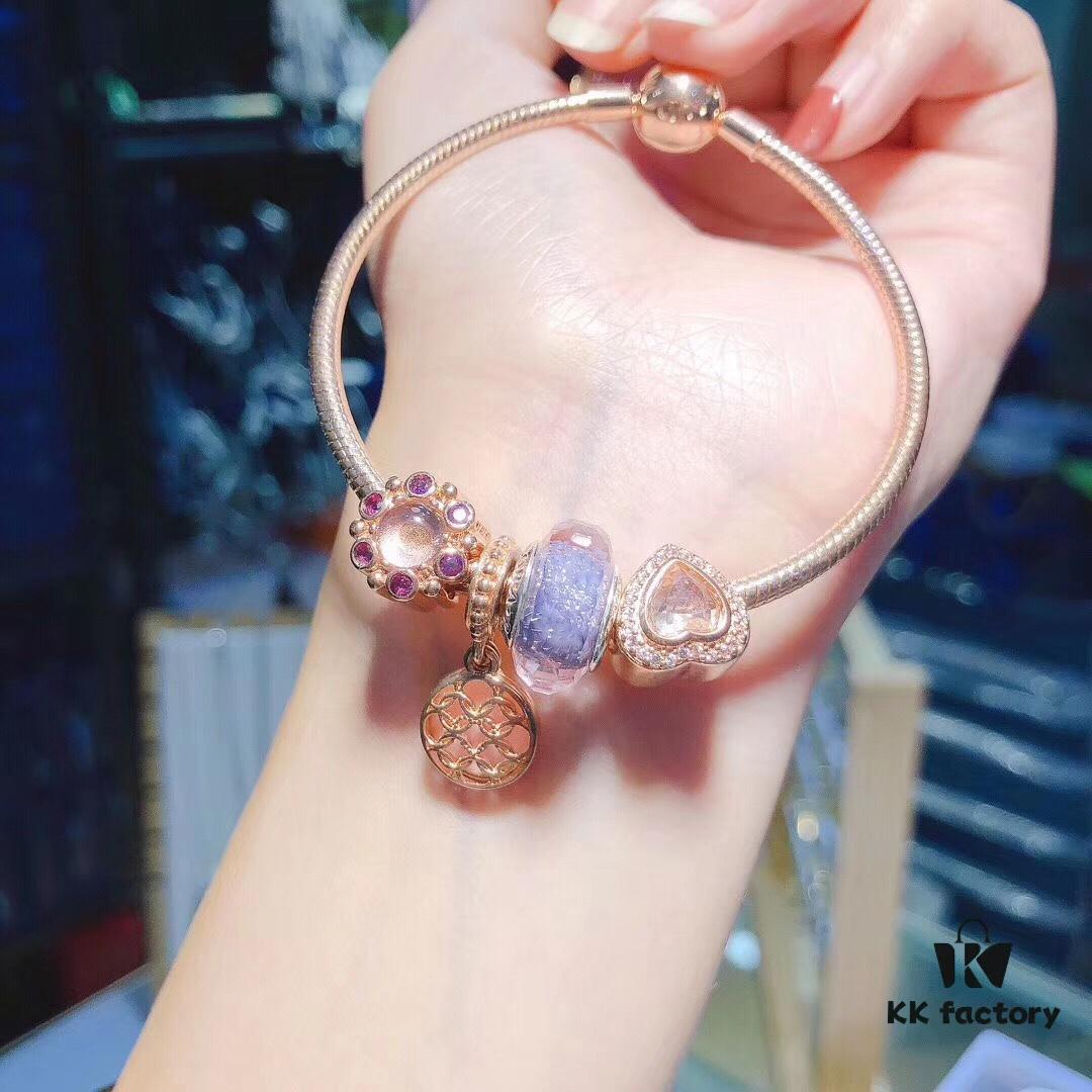 Pandora Silver Purple Rose Love Totem New Arrival! ZP-Certified, Thai-Imported Faceted Glass with Rose Medal, Cat's Eye Heart Pendant on S925 Snake Chain