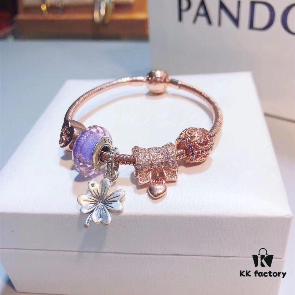 Pandora Rose Lavender Purple Clover New Arrival! High-Quality Replica with Authentic Materials, Lavender-Colored Faceted Glass, Rose Purse, Rose Heart, Rose Motif, Flower Pendant