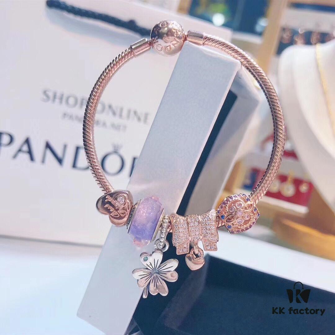 Pandora Rose Lavender Purple Clover New Arrival! High-Quality Replica with Authentic Materials, Lavender-Colored Faceted Glass, Rose Purse, Rose Heart, Rose Motif, Flower Pendant