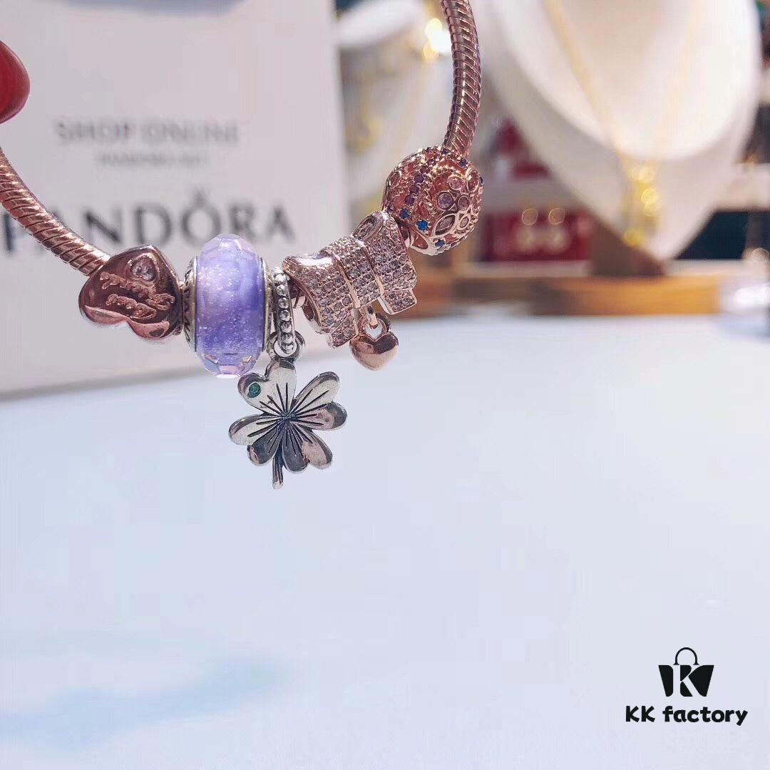 Pandora Rose Lavender Purple Clover New Arrival! High-Quality Replica with Authentic Materials, Lavender-Colored Faceted Glass, Rose Purse, Rose Heart, Rose Motif, Flower Pendant