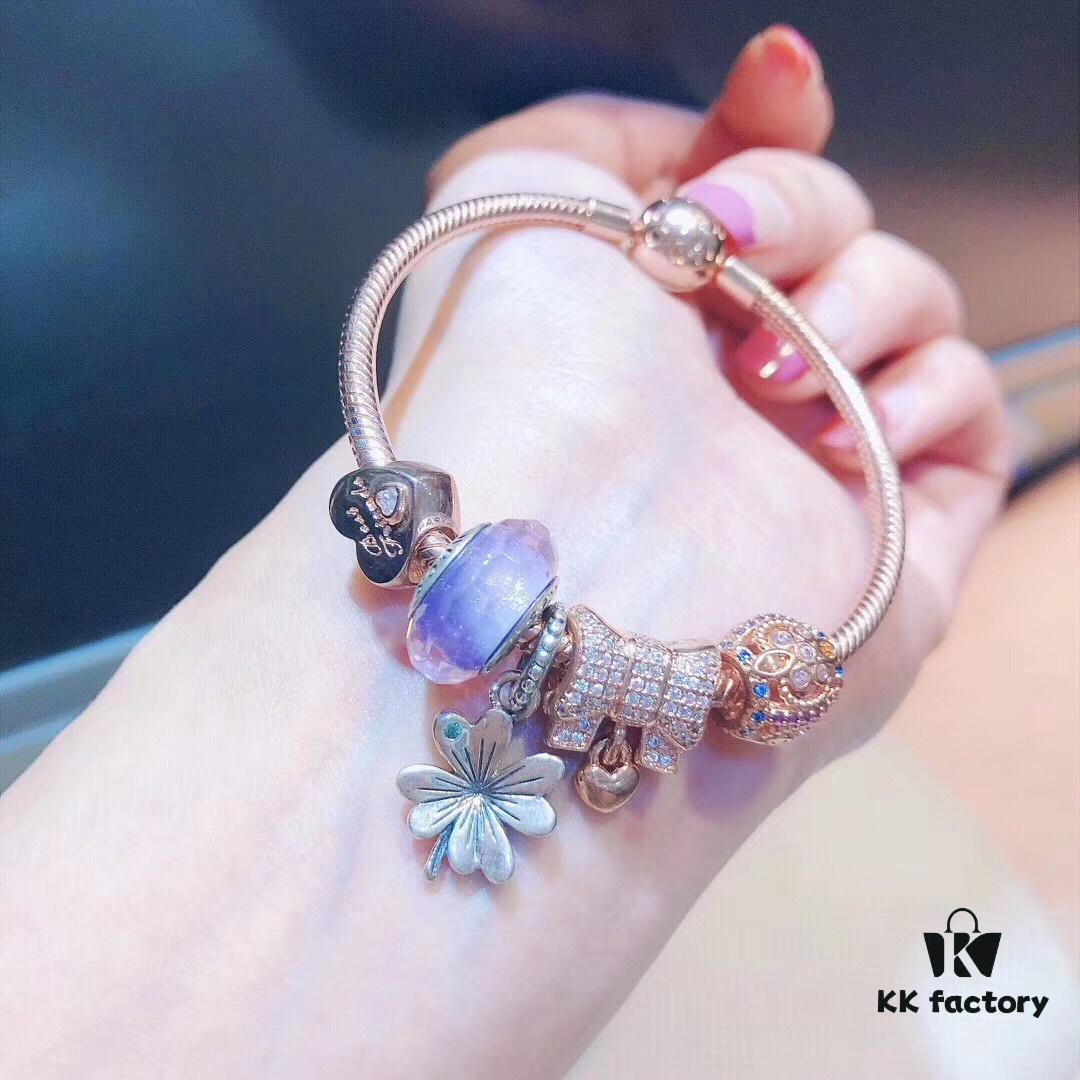 Pandora Rose Lavender Purple Clover New Arrival! High-Quality Replica with Authentic Materials, Lavender-Colored Faceted Glass, Rose Purse, Rose Heart, Rose Motif, Flower Pendant