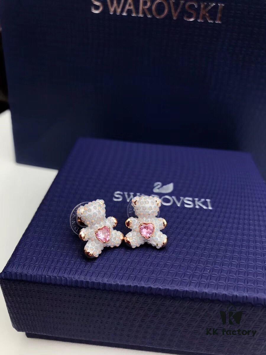 Swarovski TEDDY Bear Necklace – Playful and Charming, Cute Crystal Pendant for Girls, Milky White with Pink Heart-Shaped Swarovski Crystal, Adorable Gift
