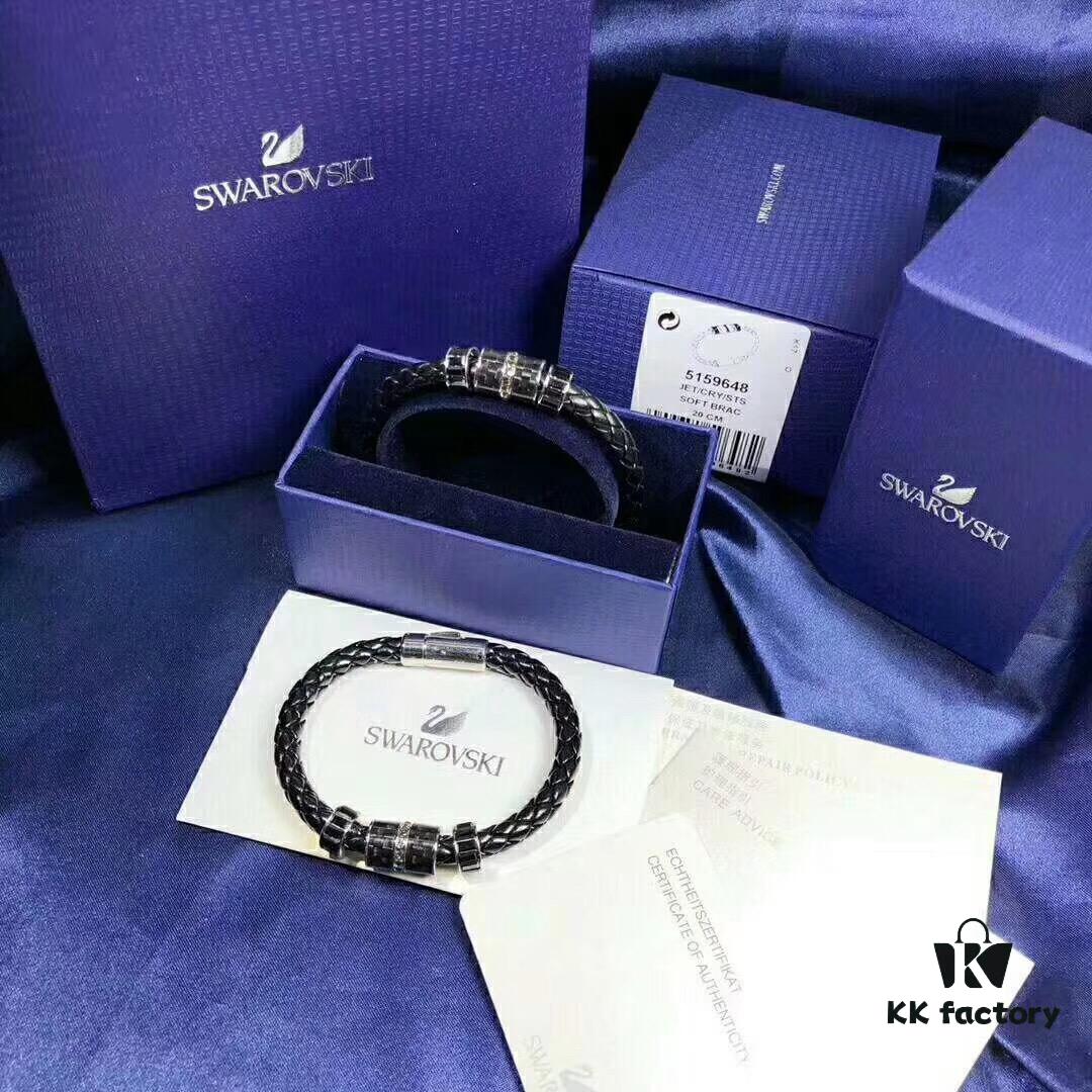 Swarovski Couple's Black Leather Cord Lucky Charm Bracelet