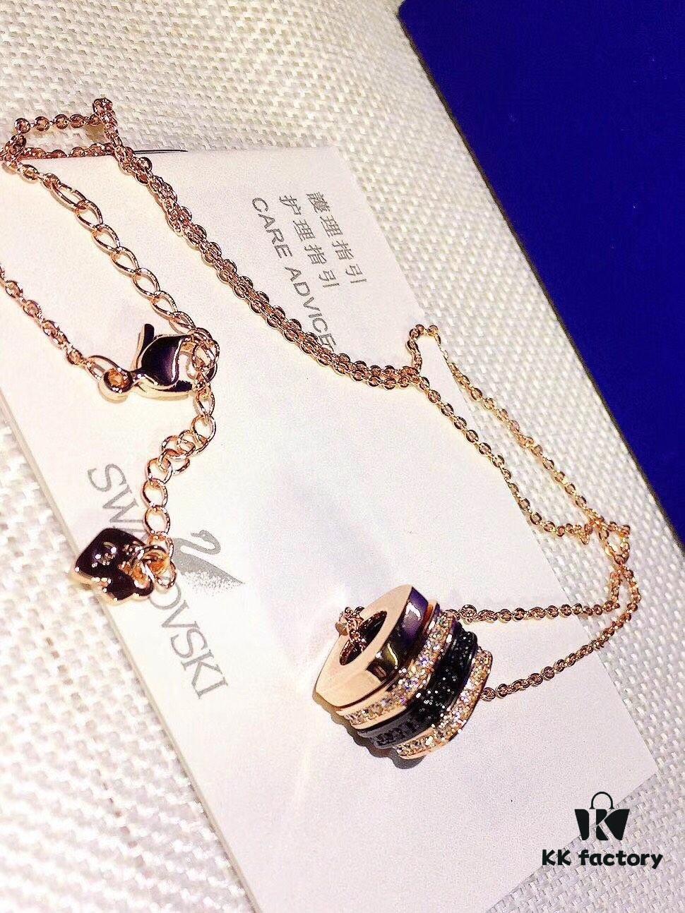 Swarovski Bvlgari-inspired Necklace - Triple Ring Design with Rhinestones, 18K Gold Plated Alloy, 38cm Chain