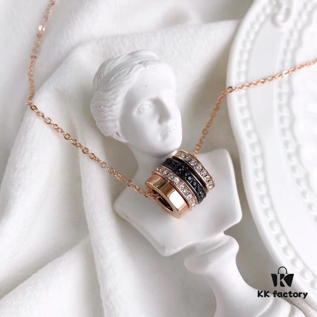 Swarovski Bvlgari-inspired Necklace - Triple Ring Design with Rhinestones, 18K Gold Plated Alloy, 38cm Chain