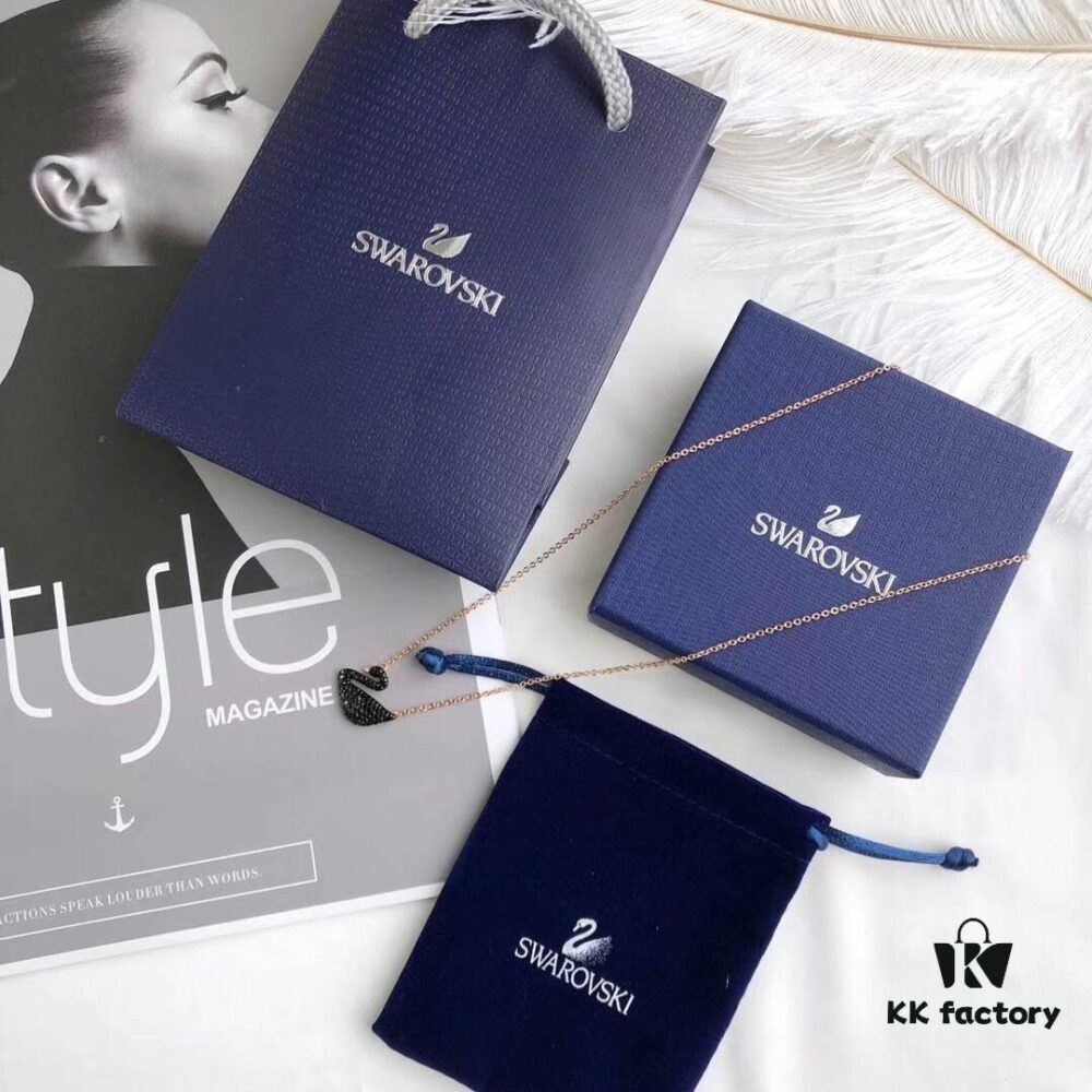 Swarovski Black Swan Necklace, Classic Design with 18K Rose Gold Plating and Black Crystals, 38cm Chain Length