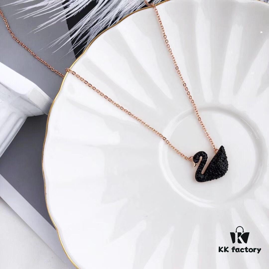 Swarovski Black Swan Necklace, Classic Design with 18K Rose Gold Plating and Black Crystals, 38cm Chain Length