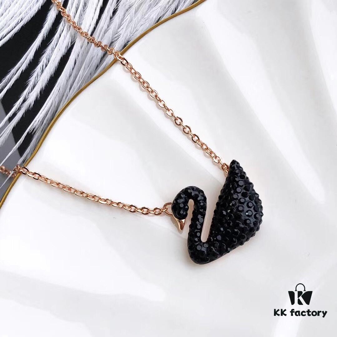 Swarovski Black Swan Necklace, Classic Design with 18K Rose Gold Plating and Black Crystals, 38cm Chain Length