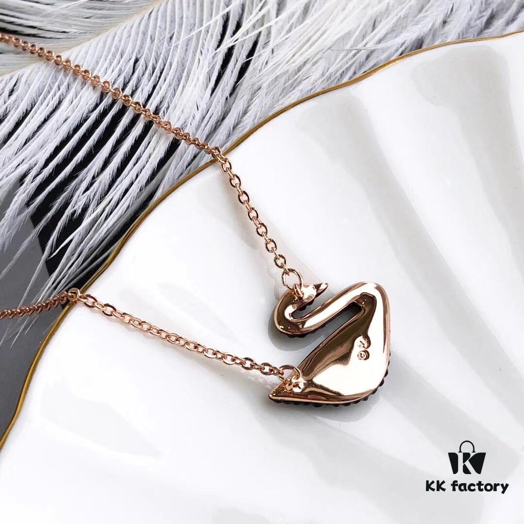 Swarovski Black Swan Necklace, Classic Design with 18K Rose Gold Plating and Black Crystals, 38cm Chain Length