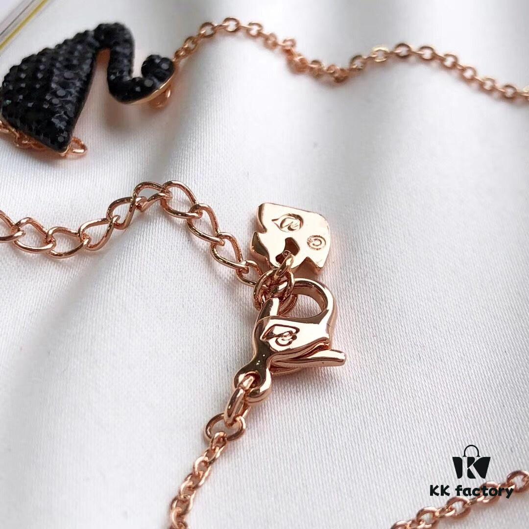 Swarovski Black Swan Necklace, Classic Design with 18K Rose Gold Plating and Black Crystals, 38cm Chain Length