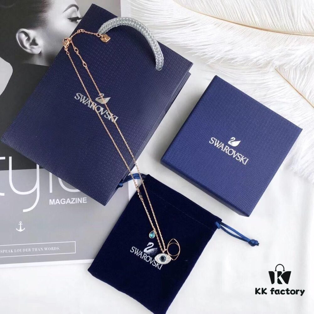 Swarovski Demon Necklace, Classic Best-Selling Black, Blue, and White Crystals Layered Design, Lifelong Luck Guardian with Elegant 18K Rose Gold Plated Alloy Chain