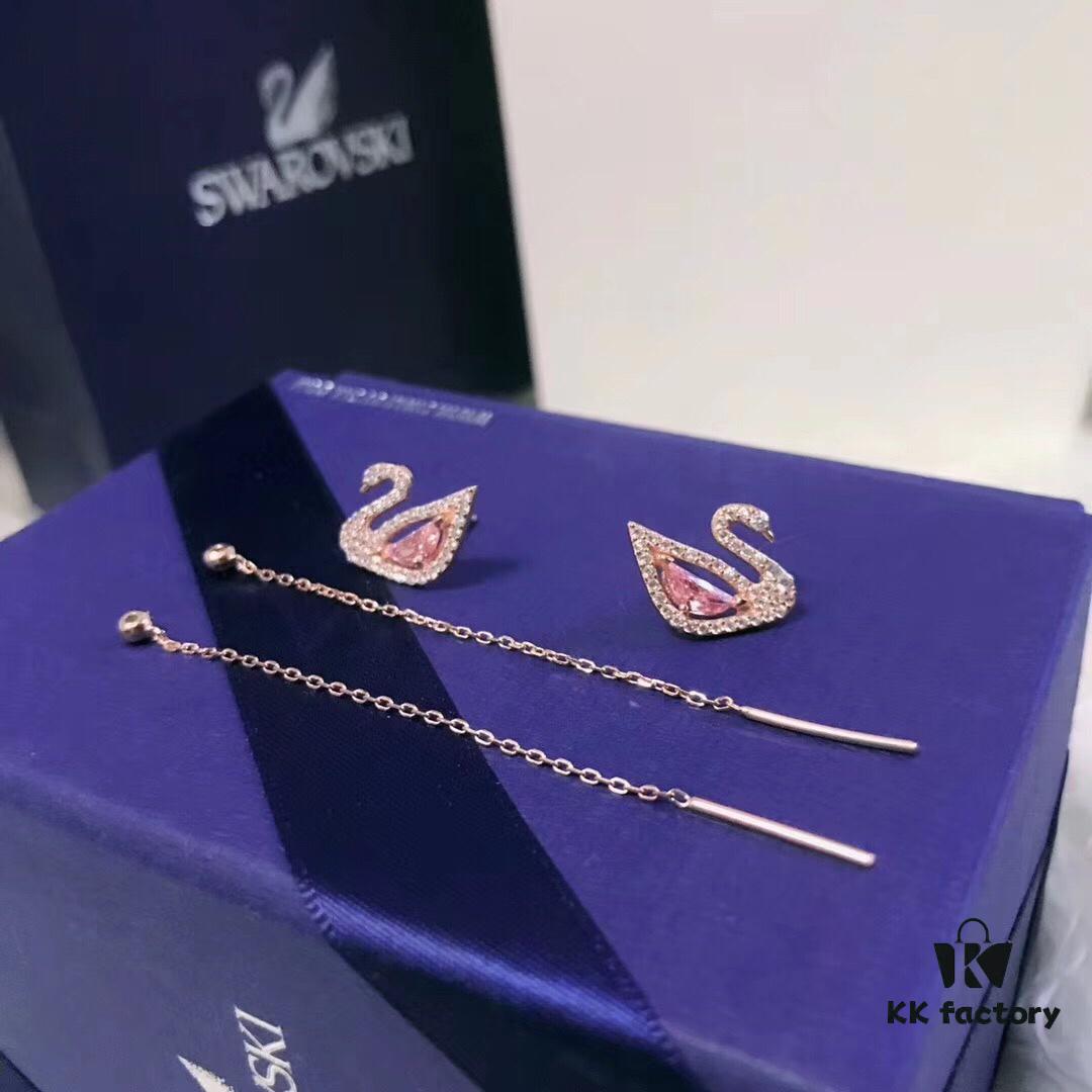Swarovski DAZZLING SWAN Romantic Swan Earrings - Fresh and Charming Pink Crystal Pendant Studs, Wearable in Multiple Ways