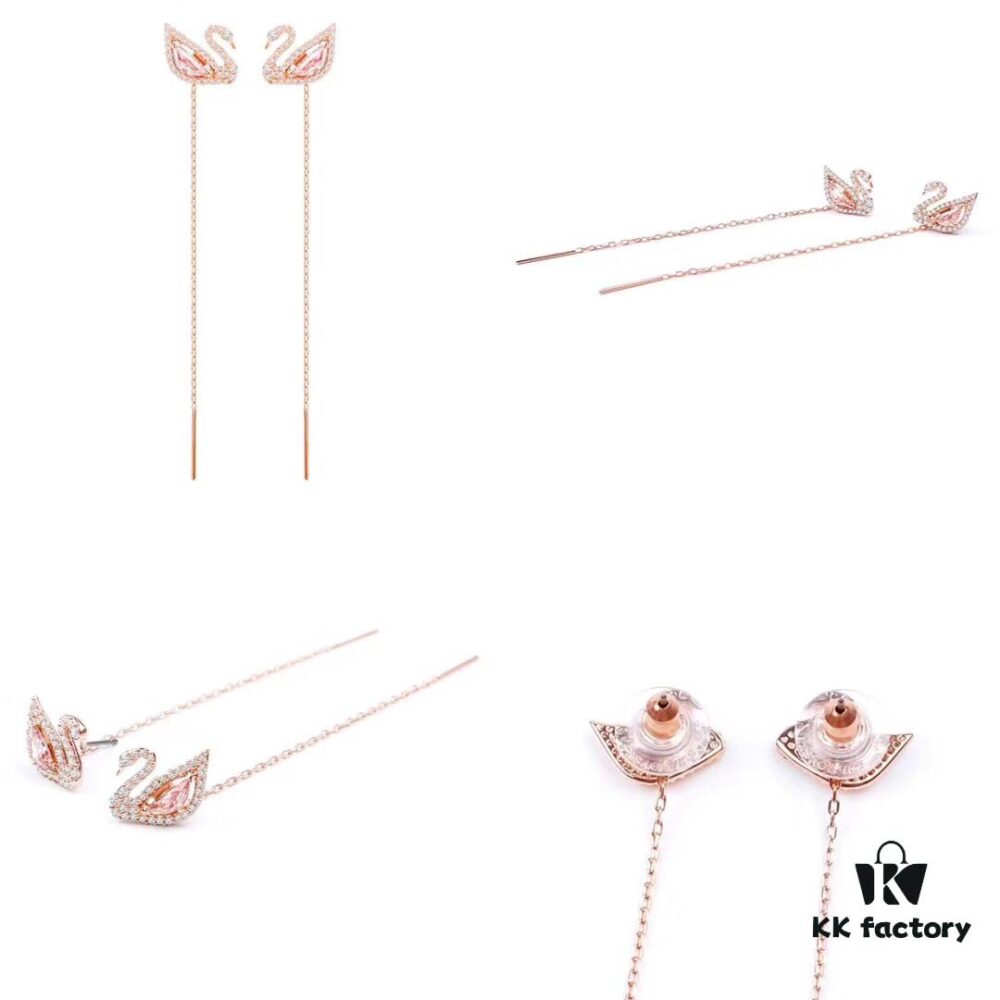 Swarovski DAZZLING SWAN Romantic Swan Earrings - Fresh and Charming Pink Crystal Pendant Studs, Wearable in Multiple Ways