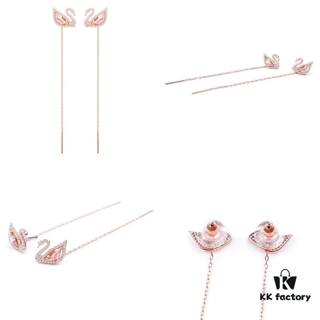Swarovski DAZZLING SWAN Romantic Swan Earrings - Fresh and Charming Pink Crystal Pendant Studs, Wearable in Multiple Ways