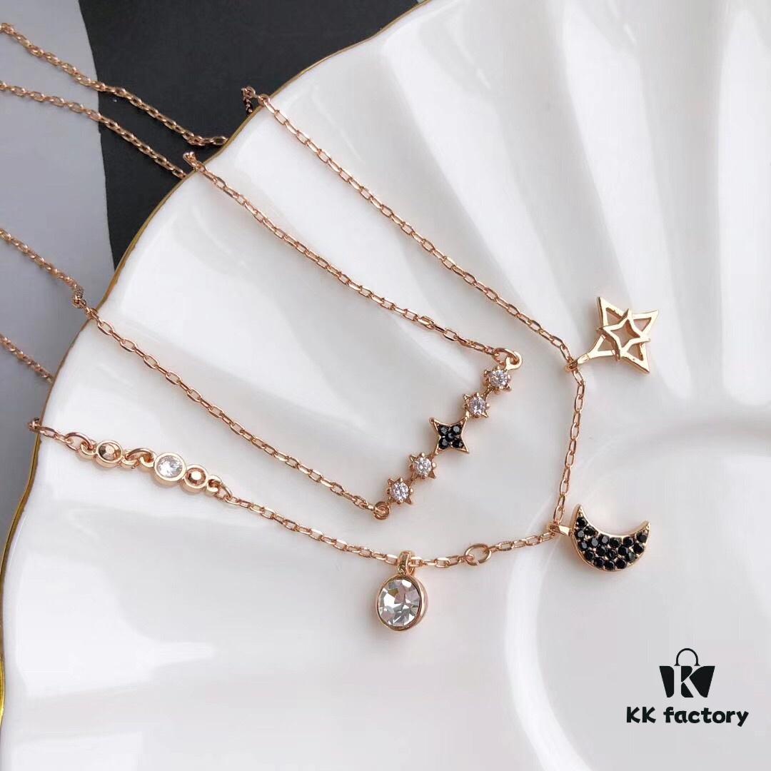 Summer Stylish Choker – Same Style as Jiang Shuying, Swarovski Star and Moon Dual Pendant Necklace with 18K Rose Gold Plated Alloy Chain