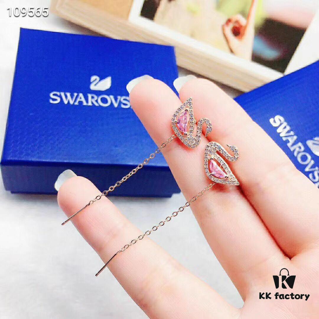 Swarovski DAZZLING SWAN Romantic Swan Earrings - Fresh and Charming Pink Crystal Pendant Studs, Wearable in Multiple Ways
