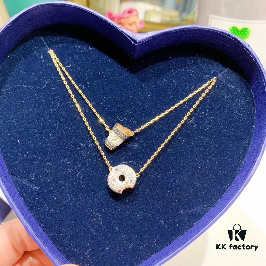 Swarovski NICEST Latest Donut 🍩 Coffee ☕️ Pendant Necklace, Stylish and Adorable Dual-Wear Design
