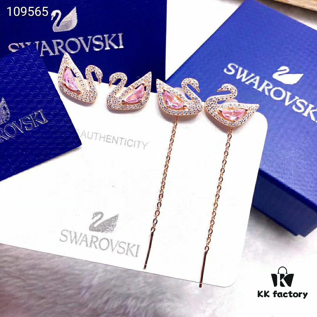 Swarovski DAZZLING SWAN Romantic Swan Earrings - Fresh and Charming Pink Crystal Pendant Studs, Wearable in Multiple Ways