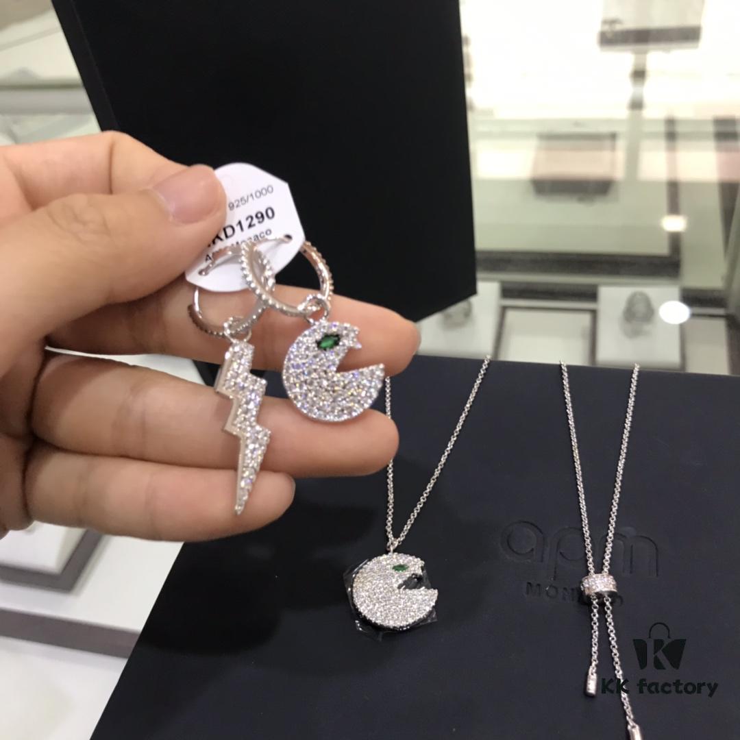 Cute APM Monaco Lightning Pac Earrings, New Rhinestone Silver Jewelry for Women, Pierced Ear Drops, Valentine's Day Recommended Style