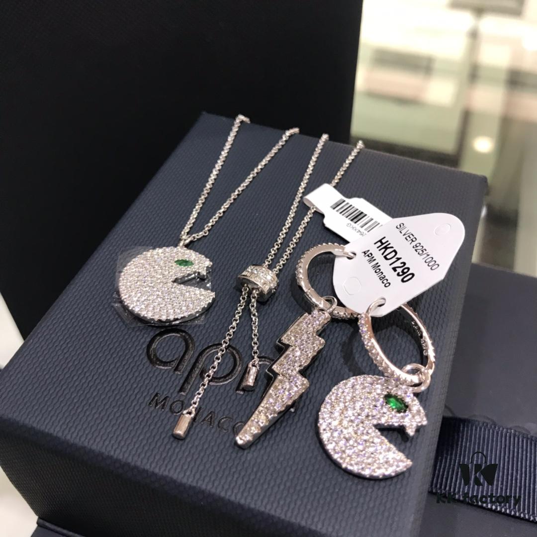 Cute APM Monaco Lightning Pac Earrings, New Rhinestone Silver Jewelry for Women, Pierced Ear Drops, Valentine's Day Recommended Style