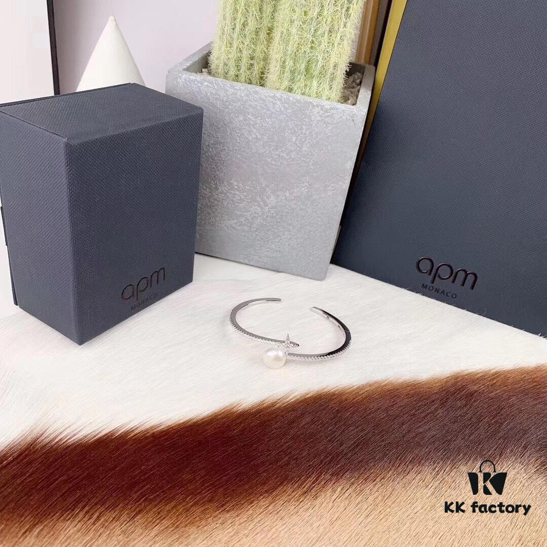 APM Monaco Sterling Silver Crystal Pearl Open Bangle Bracelet, Summer New Arrival Fashion Minimalist Jewelry