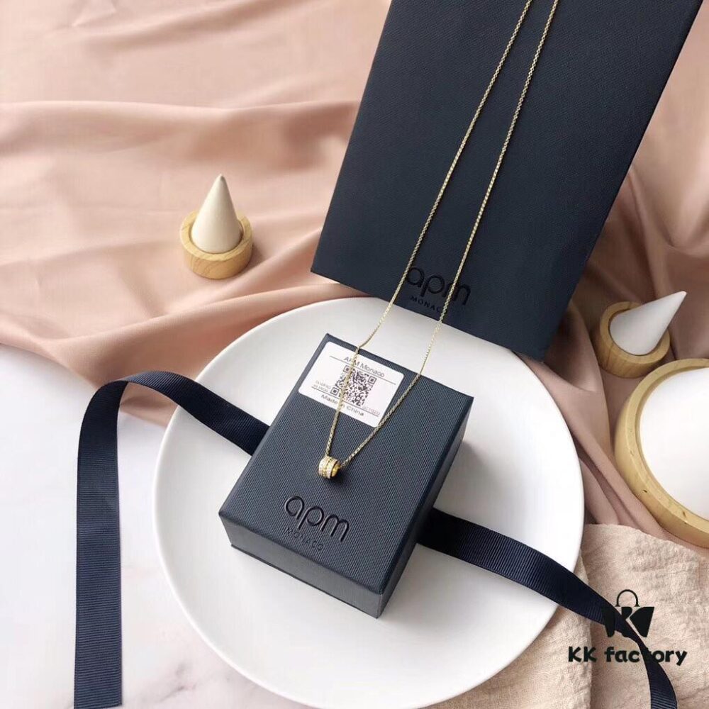 APM Monaco Silver-Plated Gold-Tone Necklace with Crystal Pendant for Women, Elegant Circular Locket Chain