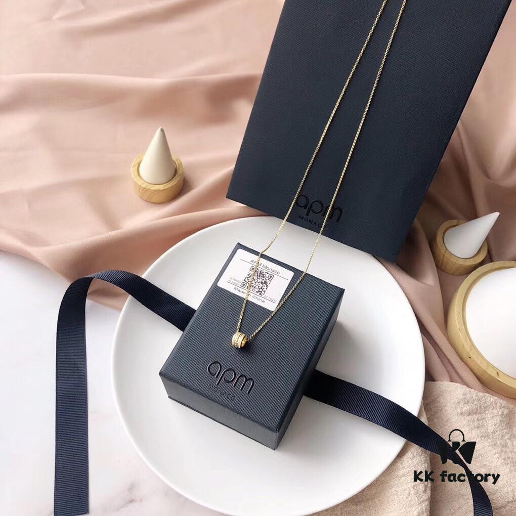 APM Monaco Silver-Plated Gold-Tone Necklace with Crystal Pendant for Women, Elegant Circular Locket Chain